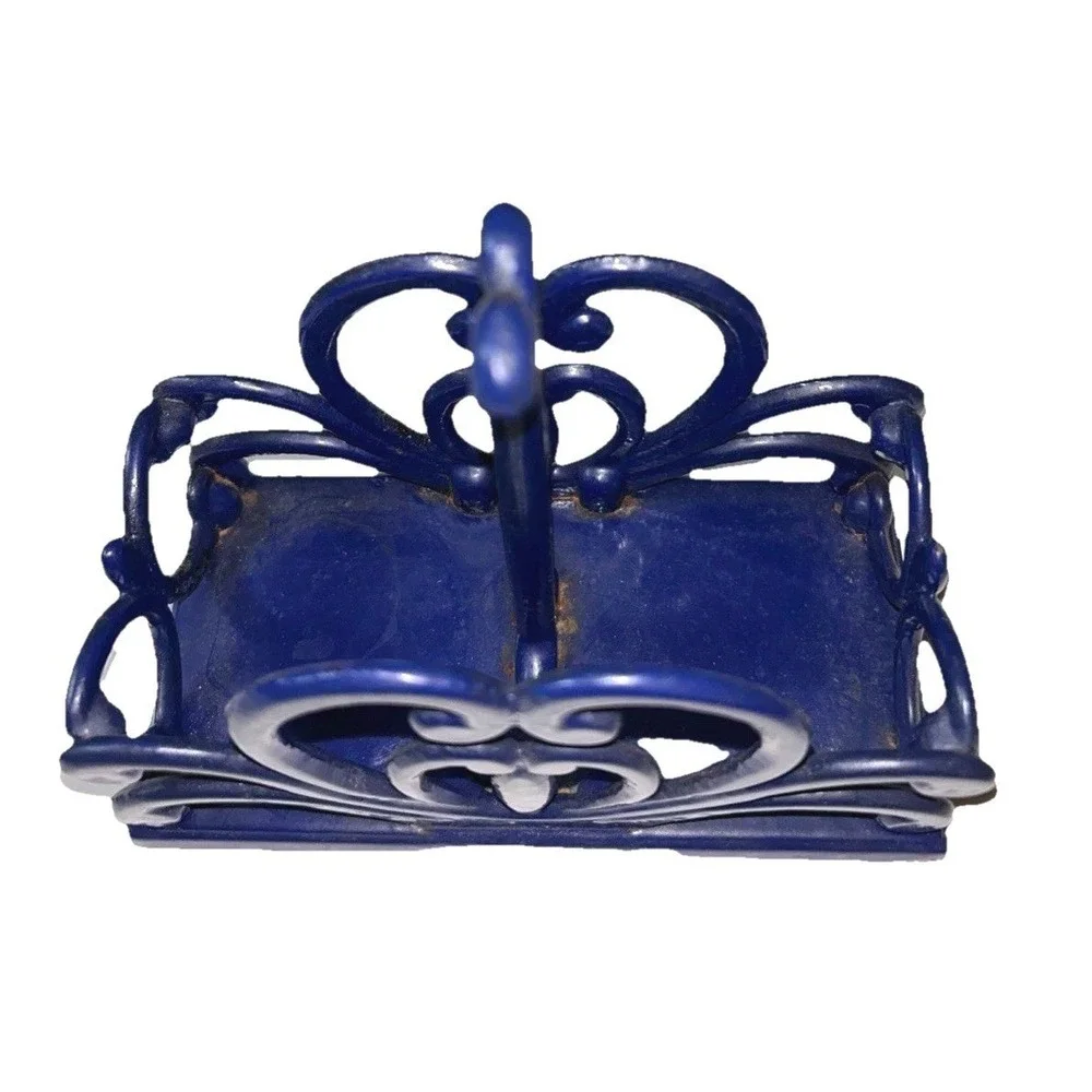 Cast Iron Enamel Napkin S&P Holder Cobalt Blue Scroll Country Farmhouse Cottage